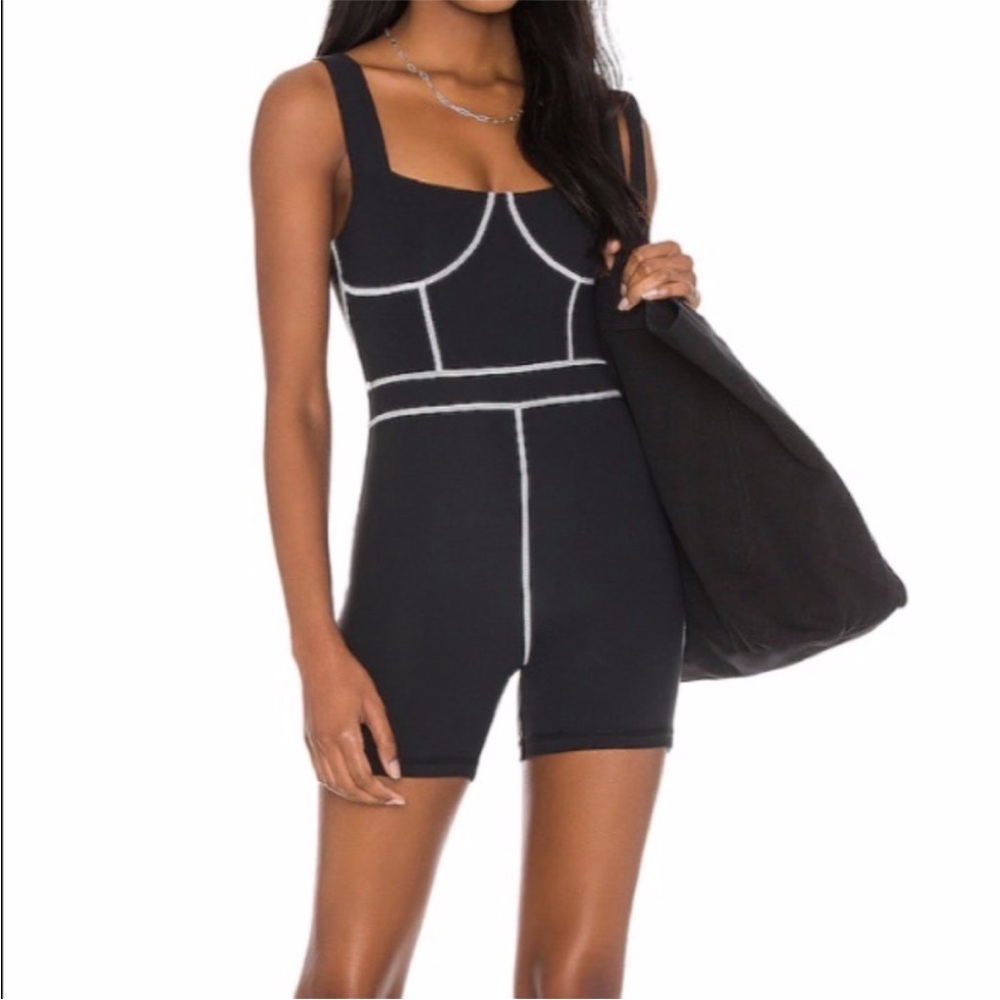 WeWoreWhat Black Workout Romper with White Stitching